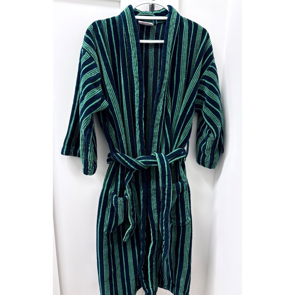 TJ Lawford Mens Turkish Towel Robe Navy Green Striped Cotton Terry Cloth Robe